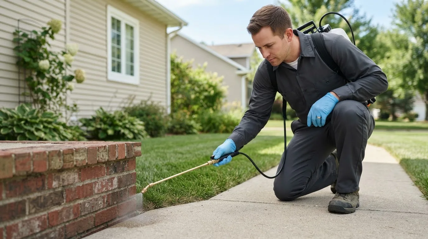 Pest control technician treating a home near Cotuit, MA